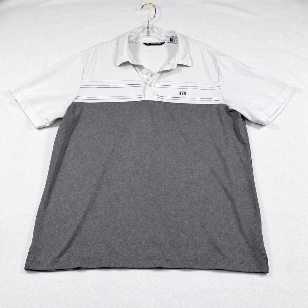 TravisMathew Mens Short Sleeve Colorblock Stripe Golf Polo Shirt White Grey XL